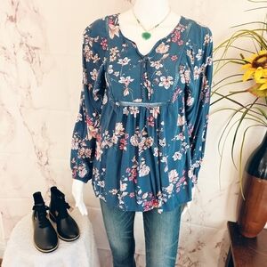 Bobeau Peplum Babydoll Floral Blue Women's Top